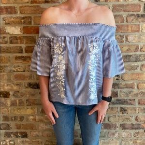Blue and White Striped Off-the-Shoulder Top